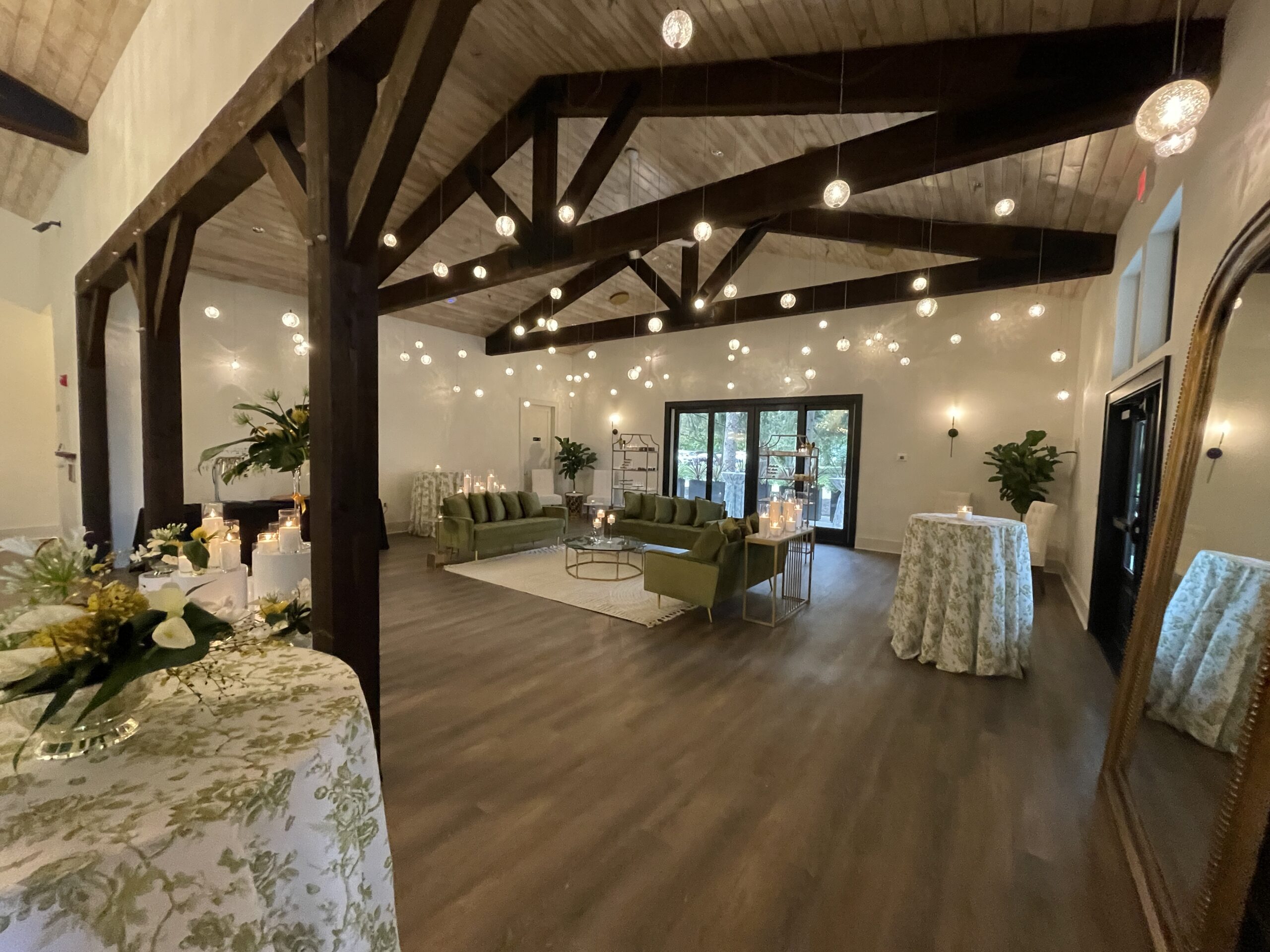 wedding venue interior with floating lights