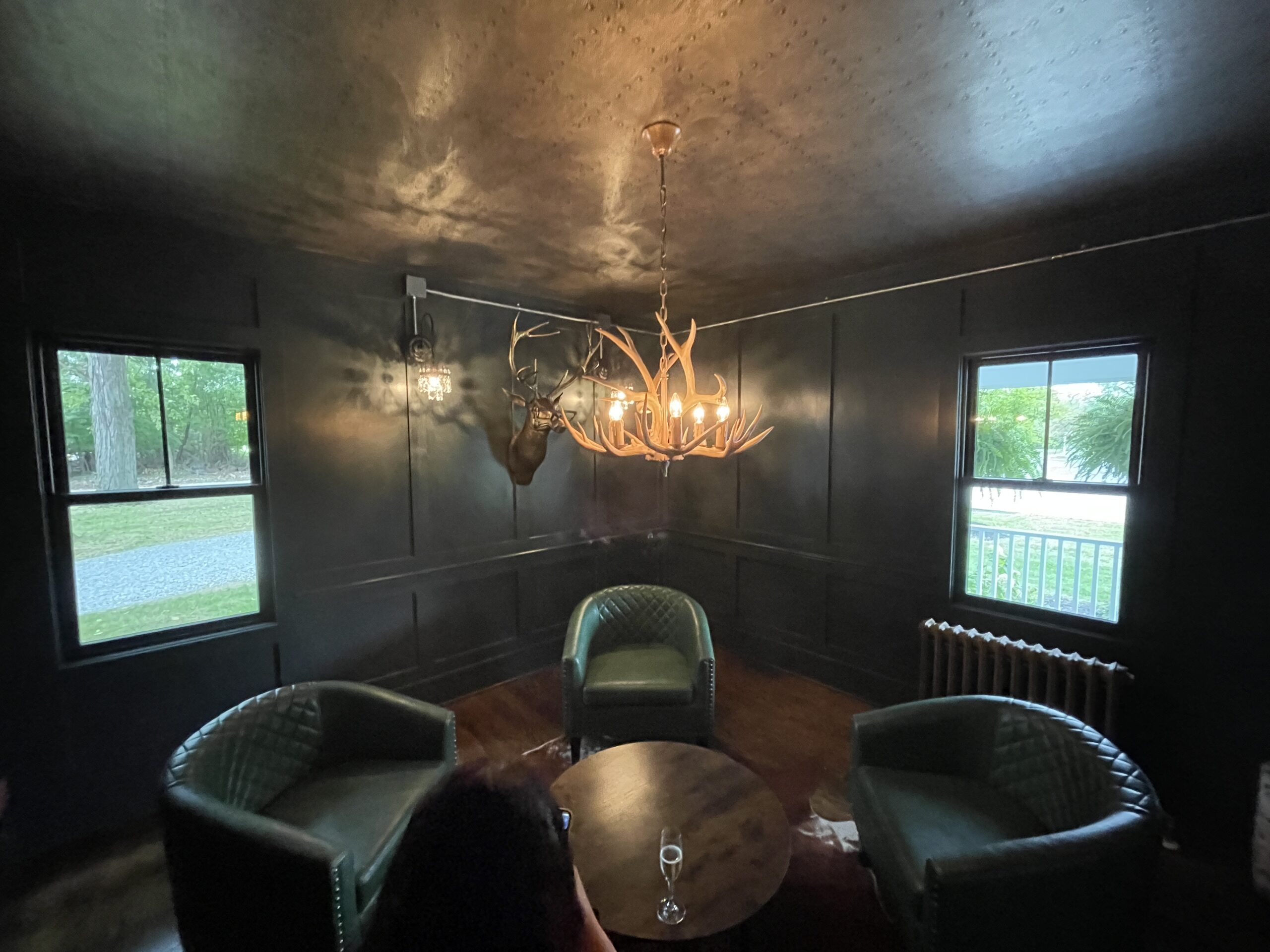 dark interior, mood lighting, groom suite., hunting